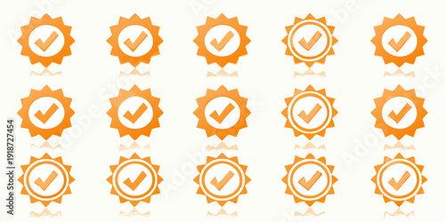 Orange starburst badges with checkmarks arranged in a grid pattern