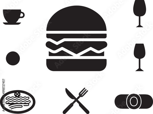 Food and drink icons including burger wine coffee and utensils