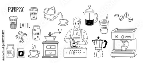 Doodle ink coffee hand-drawn set. Cozy aesthetic. Barista pouring hot drink, moka, coffee maker, french press, cezve vector illustration