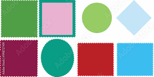 Colorful geometric shapes arranged on a plain white background