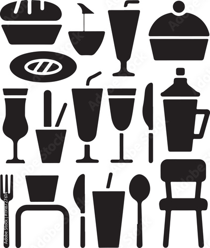 Black silhouettes of various restaurant and dining items