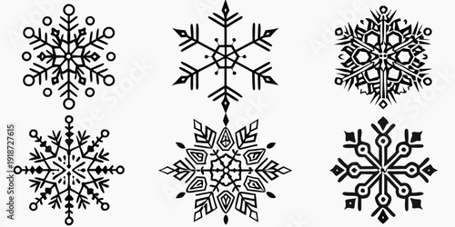 Intricate black and white illustrations of six unique snowflake designs