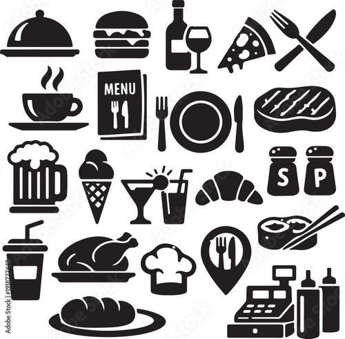 Black and white illustrations of various food and drink icons