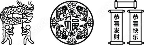 Chinese New Year Icons Set with Dragon Dance and Lucky Symbols. Hand Drawn Vector Illustration.