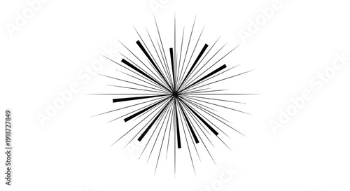 Abstract radial explosion graphic, black and white starburst pattern vector illustration symbolizing energy and impact