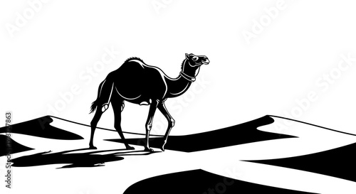 A camel walking across a desert landscape viewed from the side in a simple illustration