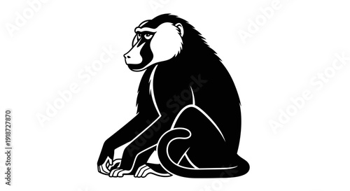 A seated monkey illustration showcasing its profile, fur texture, and facial expression from a side viewpoint
