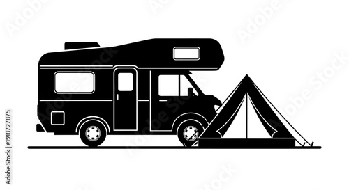 Recreational vehicle with tent pitched beside it on a campsite viewed from the side