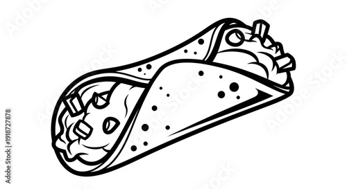 A black and white illustration of a taco filled with various ingredients, presented on a plain background from a straightforward viewpoint