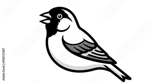 Illustration of a singing bird with open beak and detailed feathers, viewed from the side