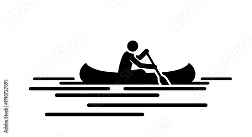 A person paddling a canoe on calm waters from a serene landscape viewpoint