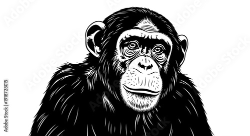 A close-up illustration of a chimpanzee's face showcasing its detailed facial features and expressive emotions in a monochrome artistic style
