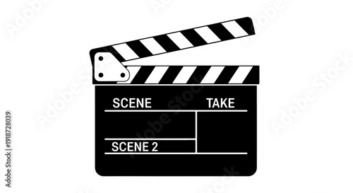 A black clapperboard with white text and striped clapstick on a plain background from a frontal viewpoint