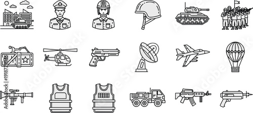 Military line icons set with soldiers helmet tank helicopter weapons aircraft army equipment outline vector illustration for defense security design