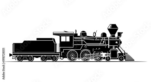 Vintage steam locomotive illustration on a plain white background viewed from the side