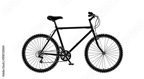 A black bicycle illustration viewed from the side on a plain background