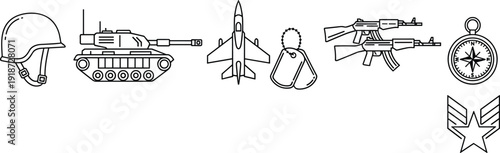 Military outline icons vector set with helmet tank jet rifle compass dog tags army symbols line illustration for defense design