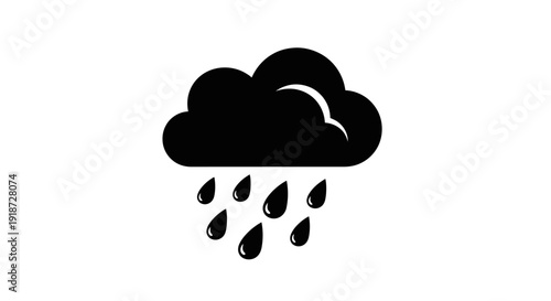 A black cloud with rain falling from it on a white background, viewed from the front