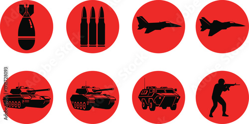 Military weapon icons set with bomb bullets fighter jets tanks armored vehicle and soldier silhouettes red circle warning vector symbols