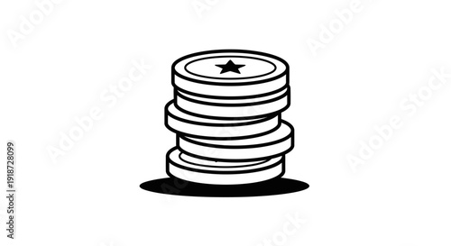 Stack of coins with a star on top viewed from the side on a plain background