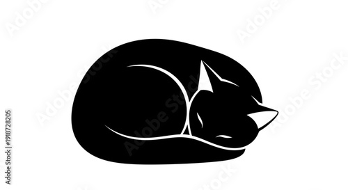 A black cat curled up sleeping peacefully on a plain surface, curled up in a ball, a vector illustration.
