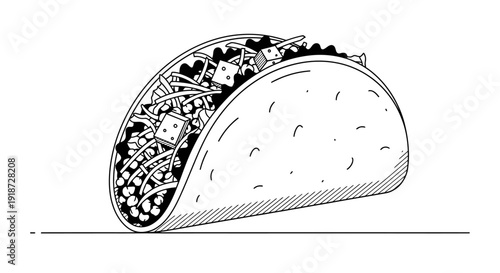 A detailed illustration of a taco filled with various ingredients, viewed from the side, showcasing its contents and texture