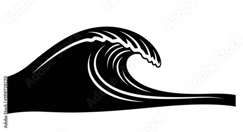 A large ocean wave illustration in a dramatic curl, viewed from the side, in a dynamic and powerful motion