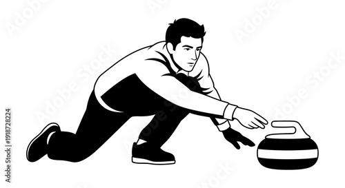 Man playing curling, crouched down and sweeping the ice with a broom vector illustration