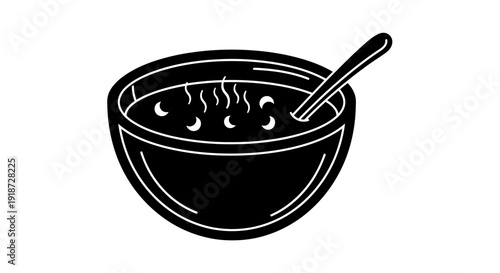 A steaming bowl of soup with a spoon illustration on a plain background from a straightforward viewpoint