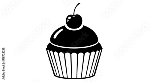 A simple black and white illustration of a cupcake with a cherry on top, depicted from a straightforward front view.
