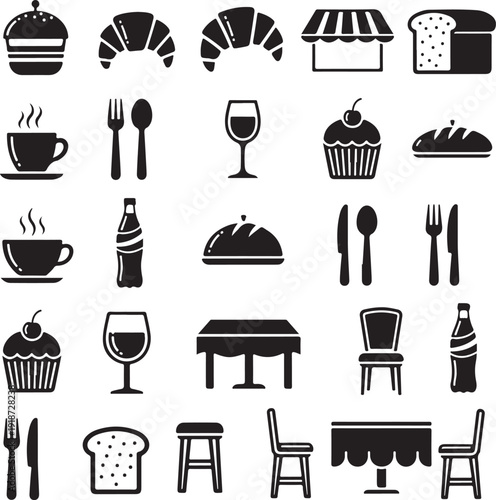 Restaurant and food icons including table settings and bakery items