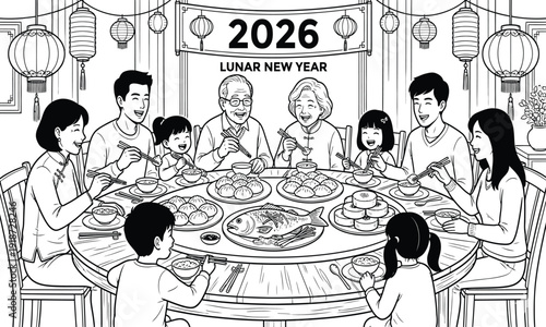 Happy Chinese New Year 2026 Family Reunion Dinner with Asian Family. Hand Drawn Line Art Vector Illustration.