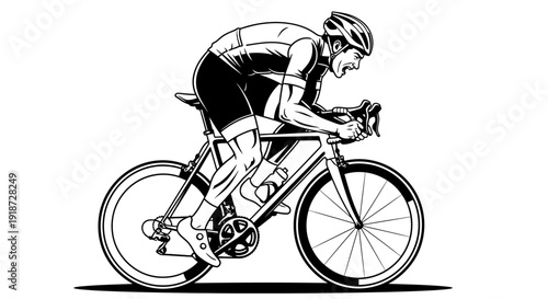 A cyclist riding a bicycle in a dynamic pose on a plain white background viewed from the side