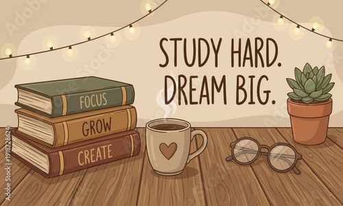 Study Hard Dream Big Motivational Quote with Books and Coffee. Minimalist Hand Drawn Doodle Vector.