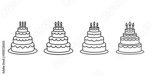 Four tiered birthday cakes with lit candles and frosting details representing celebration dessert sweet food party festive occasion line art