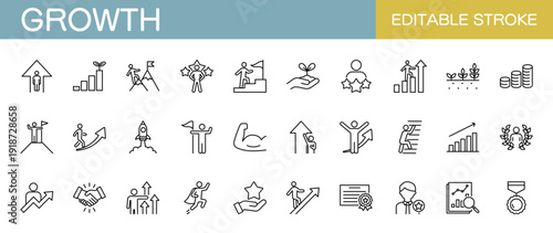 成長・発展・スキルアップのラインアイコンセット（線幅変更可能）