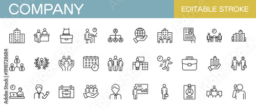 会社やビジネスに関するラインアイコンセット（線幅変更可能）