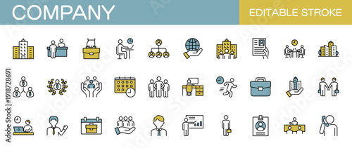 会社やビジネスに関するラインアイコンセット（線幅変更可能・カラー）