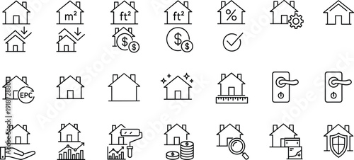 Real estate property line icon set, house mortgage investment vector outline modern home valuation management collection symbols design