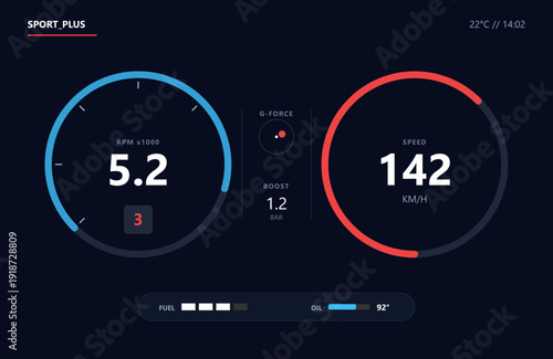 Dual Arc Gauge Speed 5 2 and 142 Dark Blue Red Futuristic Automotive Dashboard HUD Sport Mode Interface Design