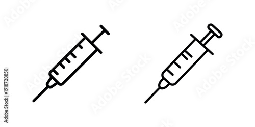 Two medical syringe icons in outline style, one slightly different from the other, symbolizing vaccination and medical treatment
