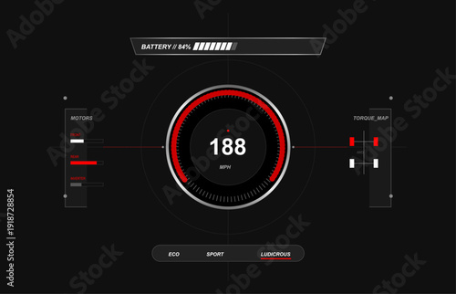 Obraz na plátně Battery RPM Speed 188 Red Circular Gauge Dark Futuristic Automotive Dashboard HU