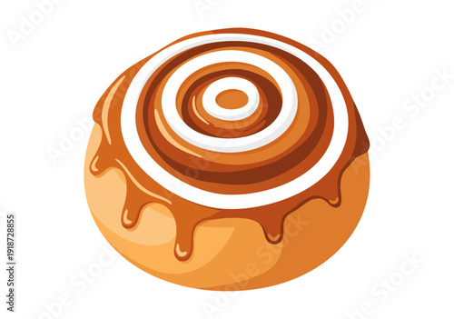 Stylized Digital Vector Illustration of a Cinnamon Roll with Gradient Swirl Design Drizzled in Caramel Sauce on a Plain Background