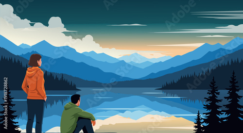 Vector Illustration of People Standing on a Hill Overlooking a Lake and Mountains Under a Colorful Sky