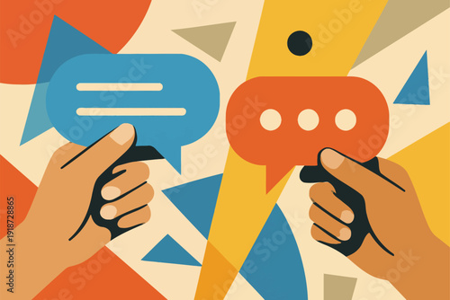 Collage hands holding two speech bubble messages communication conversation chat social interaction digital discussion concept