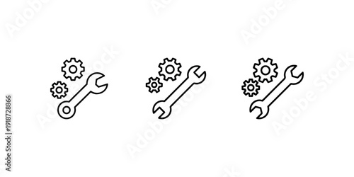 Wrench and gears maintenance icon set representing mechanical repair service technical support engineering tools and industrial hardware settings operation
