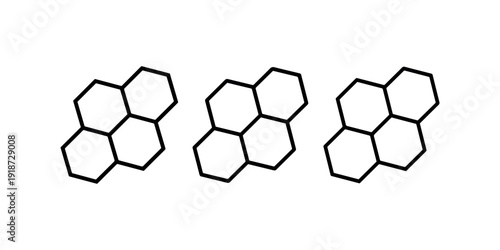 Honeycomb icon set featuring geometric hexagon pattern shapes representing nature bee hive structures in simple black line art style for biological design