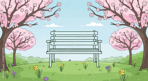 Empty park bench under blooming cherry blossom trees in spring with vibrant flowers and green grass on a sunny day