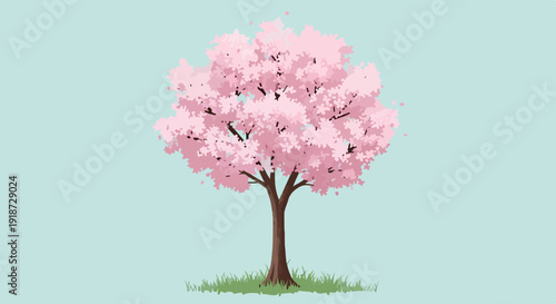 Pink cherry blossom tree on green grass against light blue background symbolizing spring growth and renewal