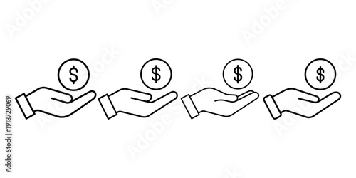 Set of four hands holding dollar coins vector line icon isolated on white background depicting payment transaction concept finance and banking symbols